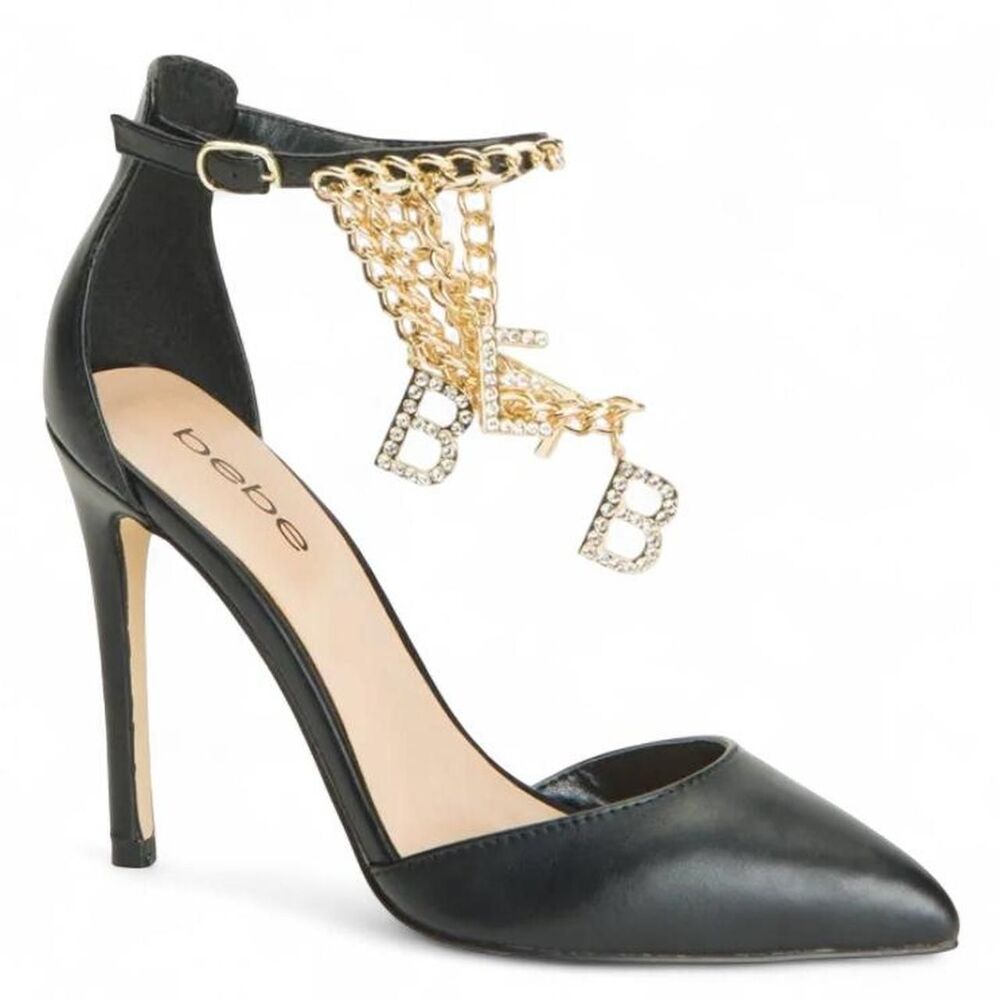 Black Bebe pointed toe high heels with gold monogram chain detail Sz 6.5